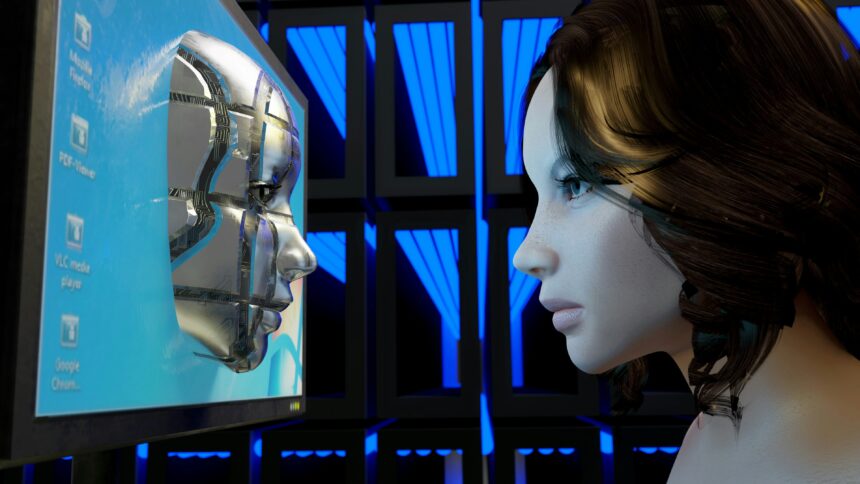 A girl looks at a metal face on a computer